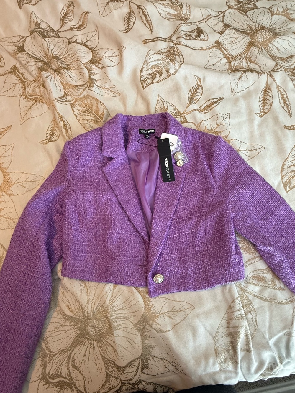 Fashion Nova Cropped Bouclé Blazer in Lilac Purple